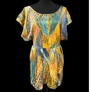 FREE PEOPLE Satin Sunset Dynasty Vibrant Tunic Mini Dress Pockets BOHO Sz 2